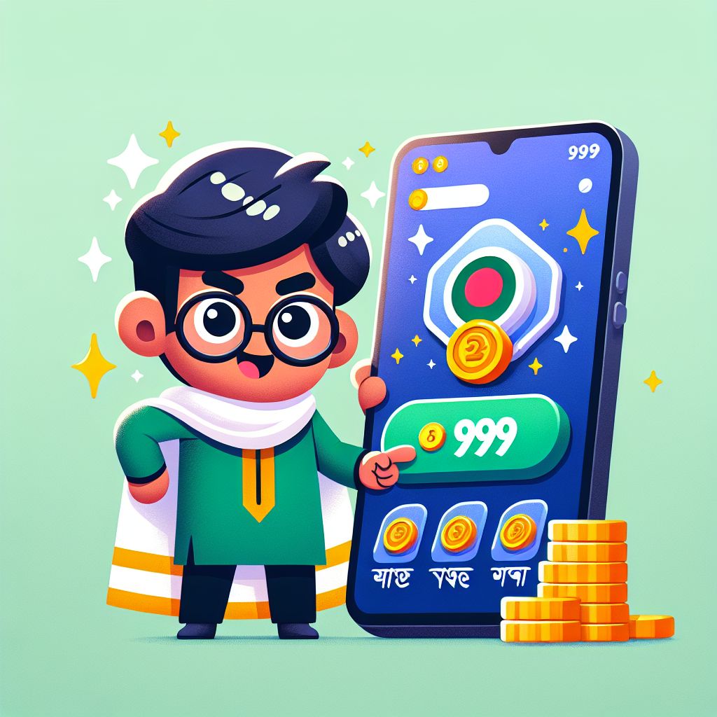 999bon themed cartoon character holding a smartphone with app interface and coins