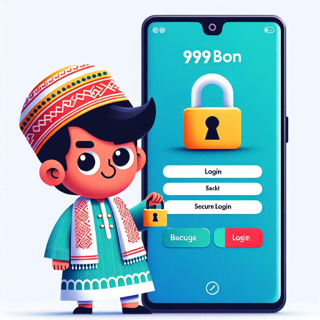 Cartoon character holding a phone with a secure login screen and 999bon branding
